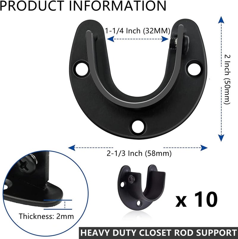 RHBLME 10PCS Stainless Steel Closet Rod Brackets Black, 1-1/4 Inch Diameter U-Shaped Closet Rod Holders, Heavy Duty Closet Rod End Supports Closet Pole Sockets Flange Rod Holder Set with Screws - Image 2